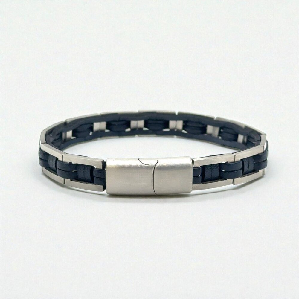 So Chic Gents Stainless Steel and PU Black Leather Bracelet